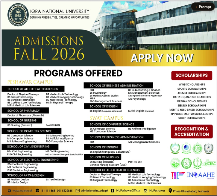 Admission notice for Iqra National University (Inu) Peshawar